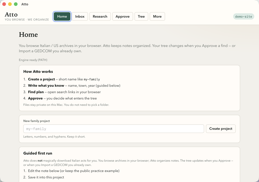 Atto desktop app — Home with demo-site project