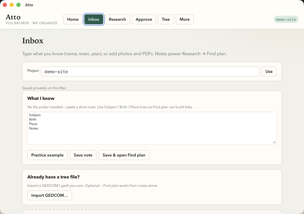 Inbox — notes and document import
